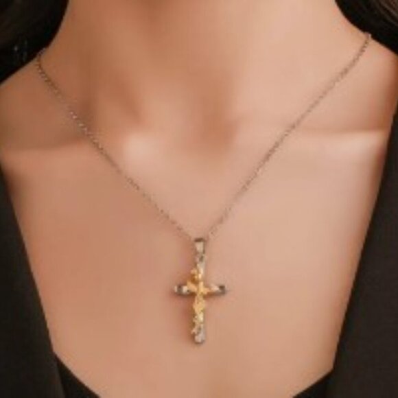 Retro Cross with Rose Gold Flower Pendant Necklace 18K Gold Plated Classic - Picture 3 of 11